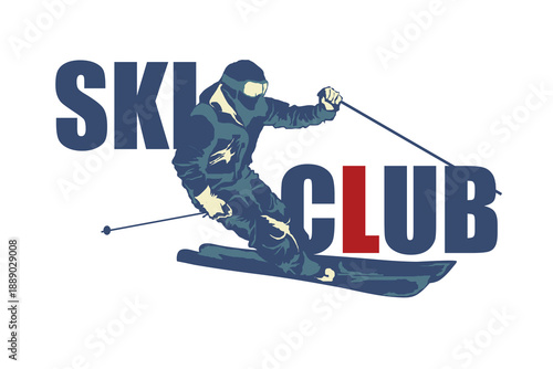 A dynamic vector illustration of a skier in action combined with bold “Ski Club” typography, designed for winter sport branding, ski resort promotion, and outdoor activity marketing.