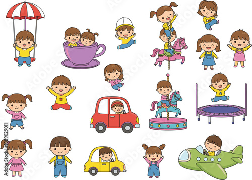 Cute kids playing and fun activity vector illustration set with toys rides and daily play scenes