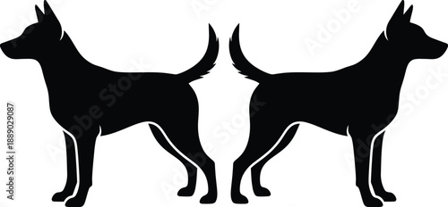 Two black dog silhouettes standing side by side facing opposite directions