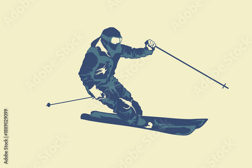 A dynamic vector illustration of an alpine skier in motion, created for winter sport promotion and outdoor lifestyle brand. This professional skiing artwork is suitable for posters, banners, website
