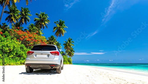 A silver car parked on a pristine white beach near lush green palm trees, with clear blue skies above