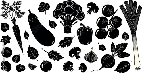 Black and white hand drawn vegetable silhouettes and organic garden produce