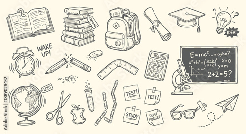 Back to school icons set with hand drawn education supplies and science symbols in a doodle sketch style. A vector illustration collection for classroom posters, websites and study materials.