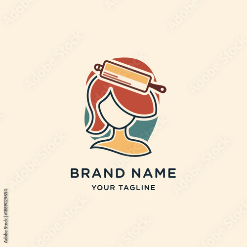 Woman Baker Rolling Dough Illustration Logo.