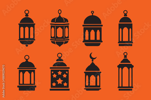 Collection of traditional lanterns in various designs isolated on vibrant orange background perfect for festive decorations