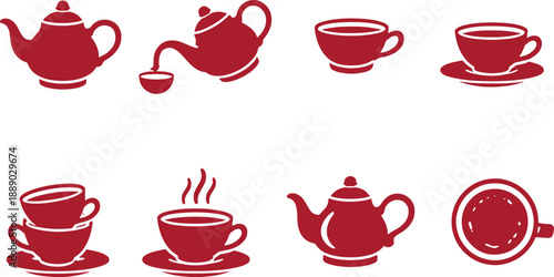 Collection of red tea kettles and cups icons isolated on transparent background for design and web use