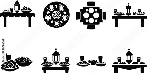 Collection of traditional Ramadan iftar tables with lanterns dates and drinks symbolizing cultural and religious celebration