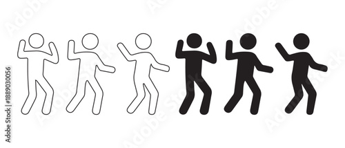 Sequence of stick figure icons showing movement, dance, and progression.