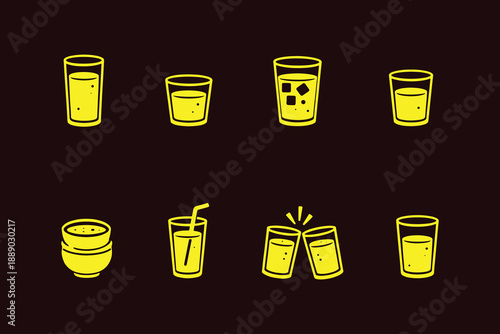 Collection of various yellow drink illustrations including glasses cups and beverages with straws isolated on a transparent background