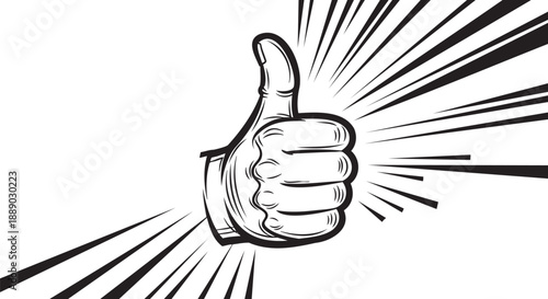 Hand drawn thumbs up icon with radiating approval lines isolated
