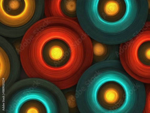 Abstract art of layered colorful circular shapes with glowing centers, textured and modern