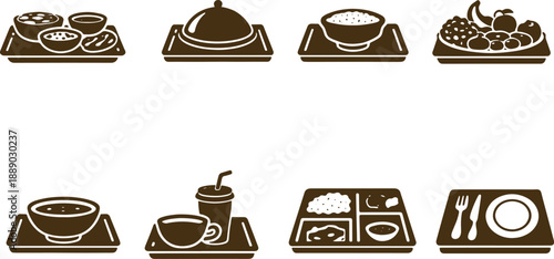 Collection of various meal trays with different food items including fruits rice and beverages isolated on transparent background