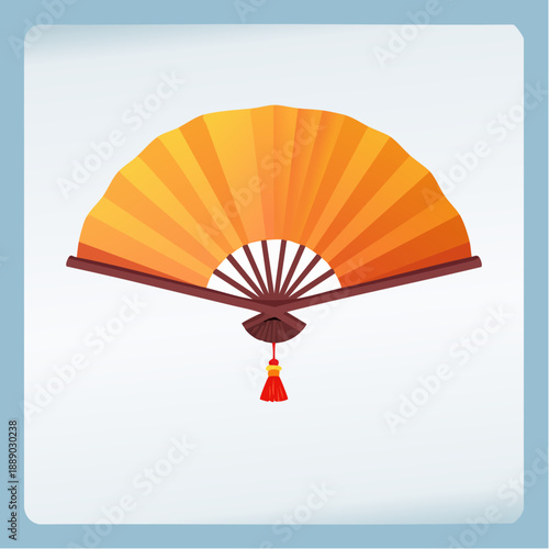 An orange hand-held fan with tassel is illustrated against a simple background from a straightforward viewpoint.