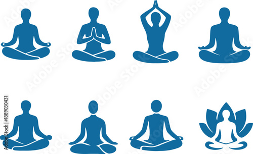 Collection of yoga poses icons featuring individuals in various meditation and exercise positions isolated on a transparent background