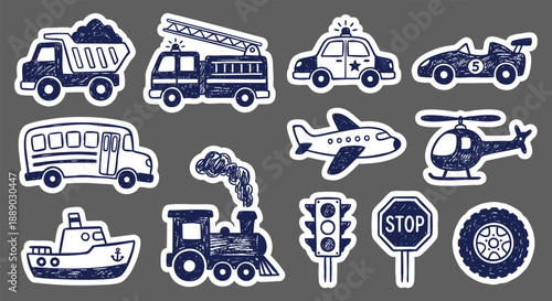 Transportation doodle stickers with hand drawn car, truck, train and plane icons in a kids sketch style. A vector illustration set for children's books, nursery decor and party invitations.