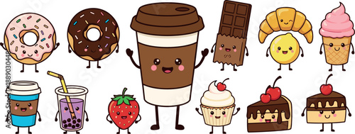 Collection of cute kawaii coffee cups desserts and sweet food characters