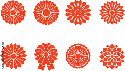 Collection of vibrant red floral designs featuring various stylized chrysanthemum patterns isolated on transparent background