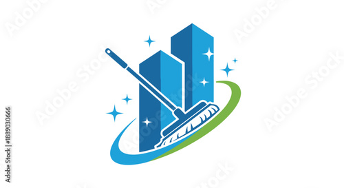 Cleaning Service Logo with Mop and Buildings.