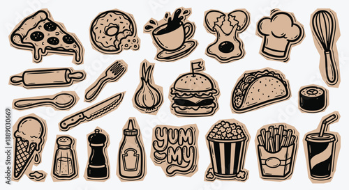 Food doodle sticker cut out set with hand drawn pizza, burger and fast food icons in a sketch style. A vector collection for restaurant menus, food blogs, and culinary branding illustrations.