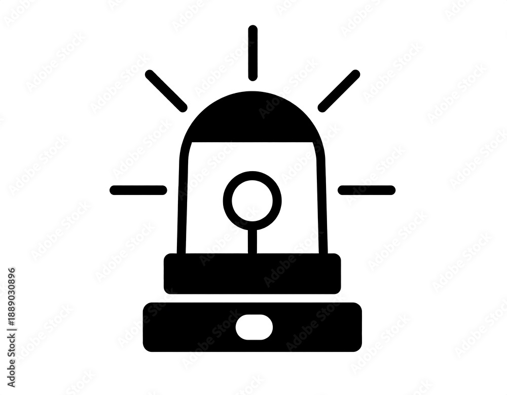 Fototapeta premium A simple, black-and-white icon depicts a stylized siren, with light rays emanating from the top. It could indicate an alert