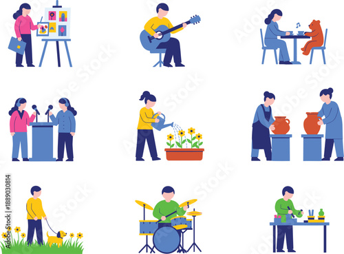 People hobbies and creative activities vector illustration set for lifestyle education and leisure concepts
