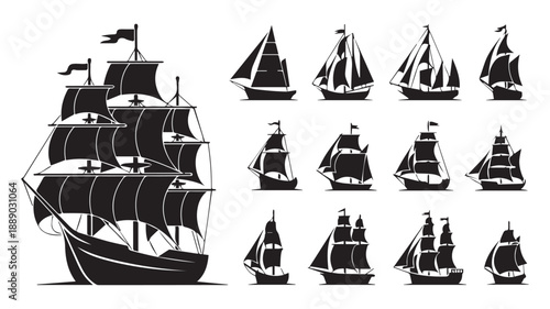 Diverse collection of vintage sailing ship silhouettes, featuring classic maritime vessels and historic navigation designs in a stylized black and white vector illustration