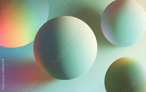 Several large spheres, rendered in soft gradients of pastel colors, hover against a blurred backdrop