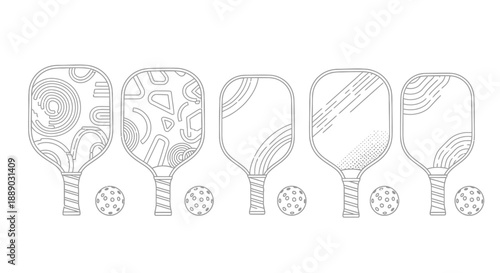 Five pickleball paddles displayed in a row each with unique patterned faces