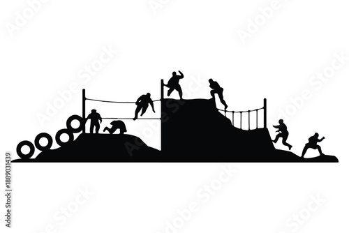 Silhouette of People Climbing Obstacle Course tires