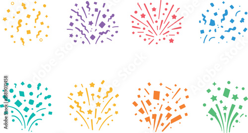 Colorful firework burst illustrations in vibrant hues isolated on transparent background perfect for festive designs and celebrations