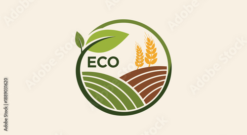 Eco-friendly farm logo with green leaf and wheat fields.
