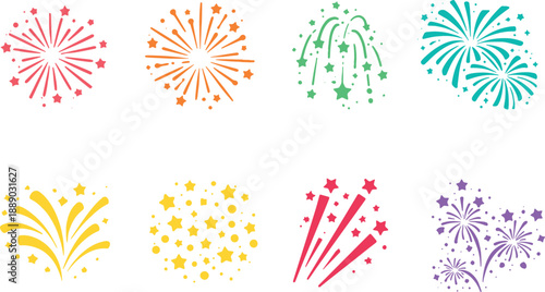 Colorful fireworks burst illustrations in vibrant hues perfect for festive celebrations and designs