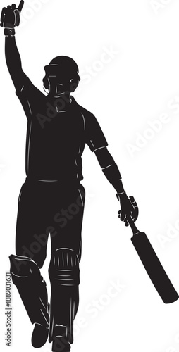 Cricketer silhouette celebrating victory with raised bat on white background