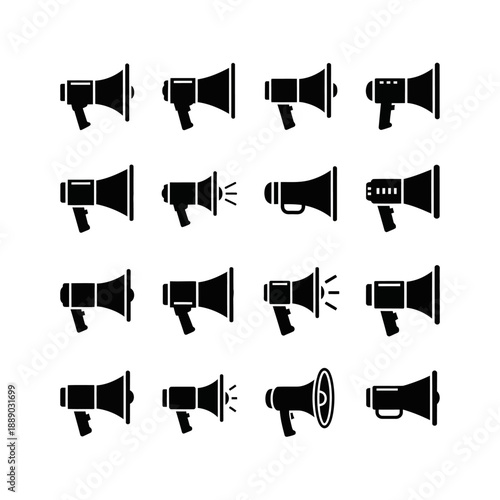 Set of diverse black megaphone icons in a grid, symbolizing communication, announcement, and public address.