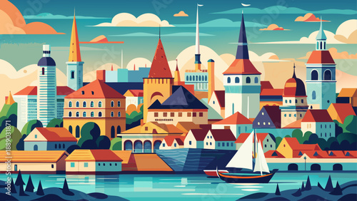 Very beautiful cityscape of Tallinn, Estonia, viewed from the sea reveals historic skyline, church towers, coastal charm, and Baltic maritime identity blending tradition with modern capital life.
