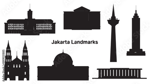 Various black and white vector illustrations showcasing the iconic architectural landmarks and prominent buildings of Jakarta, Indonesia in a cohesive collection