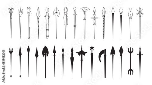 A collection of monochrome line art illustrations depicting a variety of ancient weapons and polearms