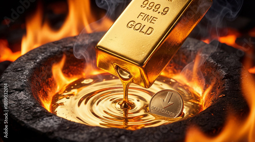 Molten gold pouring into crucible surrounded by flame, shiny bullion bar melting over liquid gold with coin nearby showing depreciation