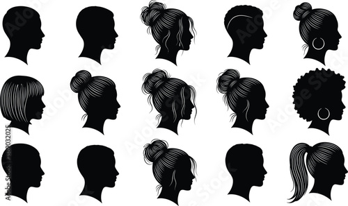 Large collection of black vector silhouettes featuring diverse female profile head portraits with various hairstyles isolated on white background for identity and beauty design