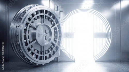Wallpaper Mural Shiny open bank vault door with bright light spilling into secure steel chamber, dramatic metallic interior and circular heavy circular k feeling Torontodigital.ca