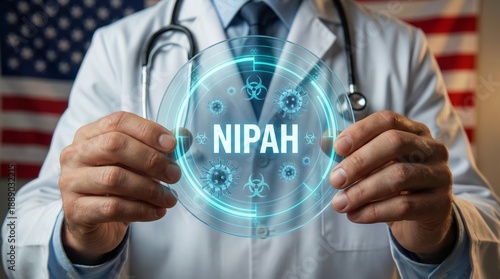 Medical professional discusses nipah virus hospital setting informational image clinical environment close-up viewpoint health awareness