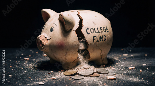 Wallpaper Mural Broken piggy bank labeled college fund with coins spilling out, cracked ceramic savings for education, stressed financial concept Torontodigital.ca