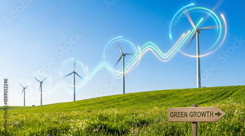 Wallpaper Mural Wind turbine field with rolling green hill and animated energy trail conveying clean renewable power and hopeful green growth Torontodigital.ca
