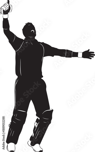 Cricketer silhouette celebrating victory with raised bat on white background