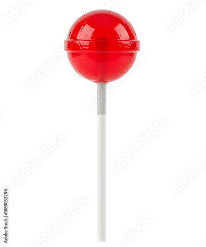 Classic glossy red round lollipop candy on a clean white stick isolated on white or transparent background