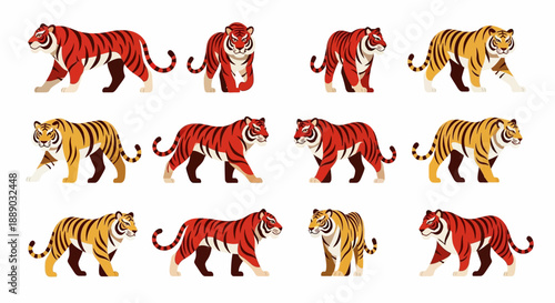 Set of Chinese Zodiac Tiger Illustrations, Flat Vector Tiger Character Poses for Lunar New Year and Wildlife Mascot Design