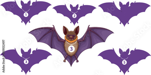 Cute Halloween bat vector set with flying bats, spooky silhouettes, numbered wings, cartoon vampire bat, and festive horror characters
