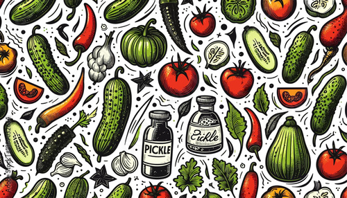 seamless vegetable pickle pattern with tomatoes peppers cucumbers carrots and other fresh farm produce