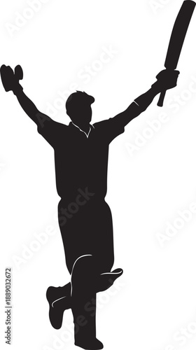 Cricketer silhouette celebrating victory with raised bat on white background