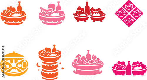 Colorful food icons set featuring various dishes and drinks perfect for design and web use